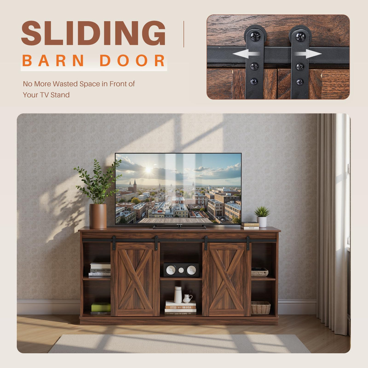 65 Inch Brown Wood TV Stand with Storage Shelves and Sliding Barn Door Z2296