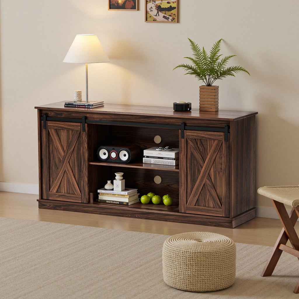 65 Inch Brown Wood TV Stand with Storage Shelves and Sliding Barn Door Z2296