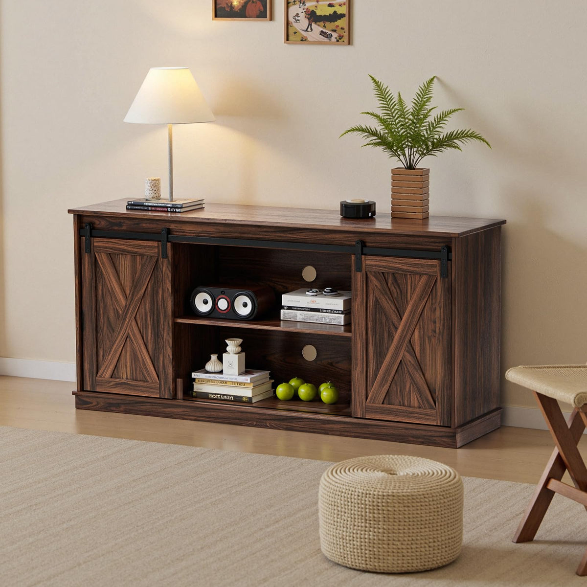 65 Inch Brown Wood TV Stand with Storage Shelves and Sliding Barn Door Z2296