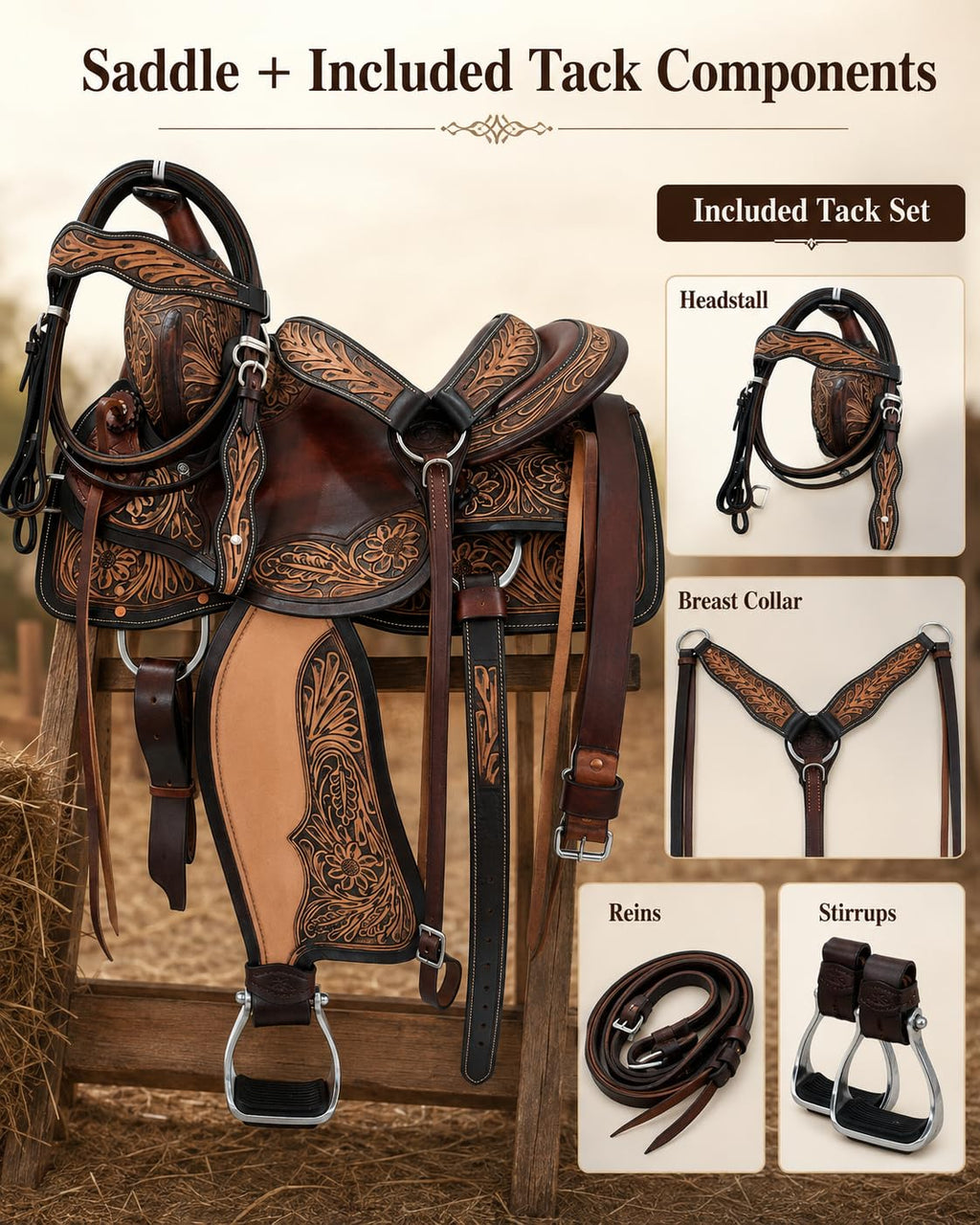 Hand Tooled Genuine Leather Western Horse Saddle with Tack Set 15-18 Inch G946139