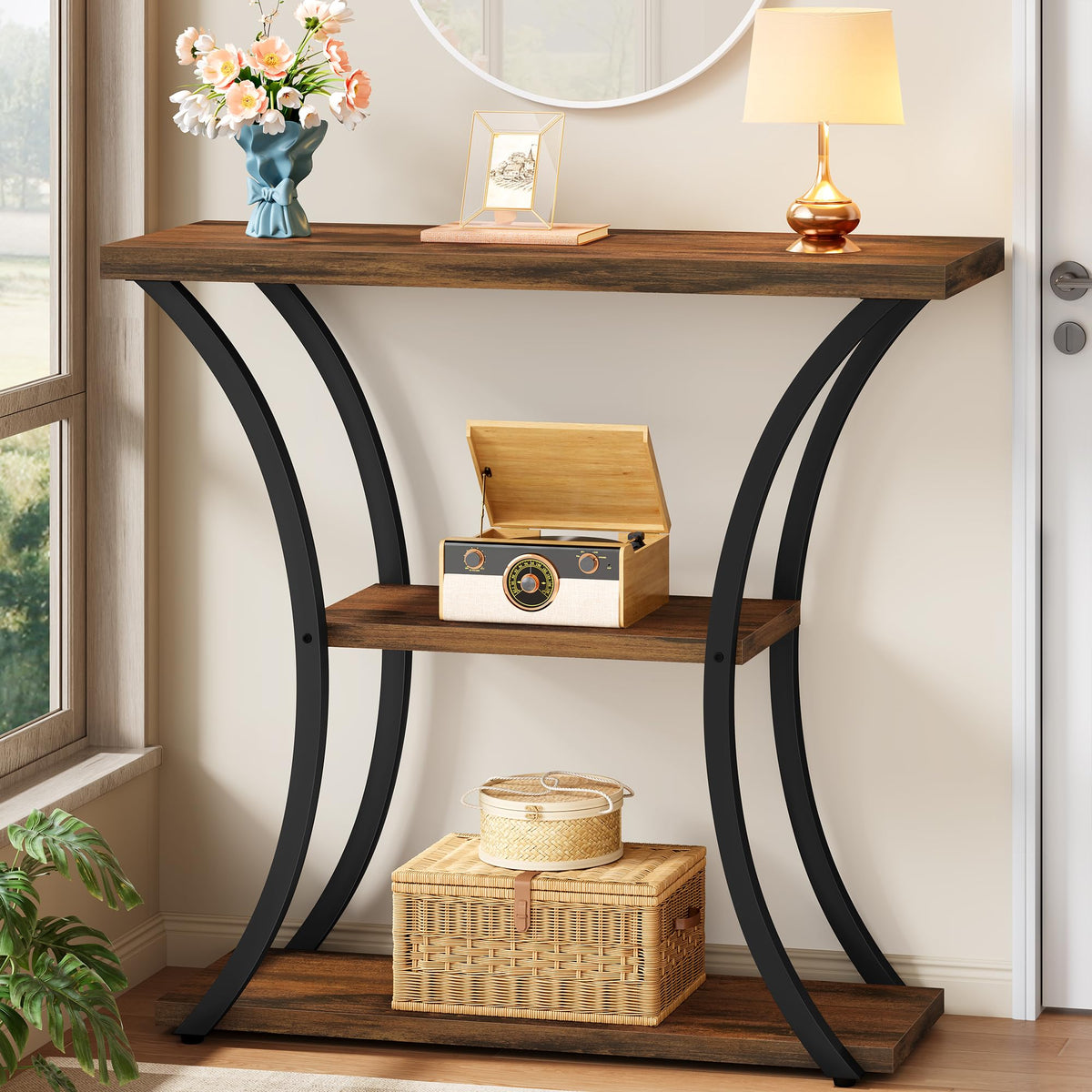 3 Tier Console Table with Open Wood Shelves X49444