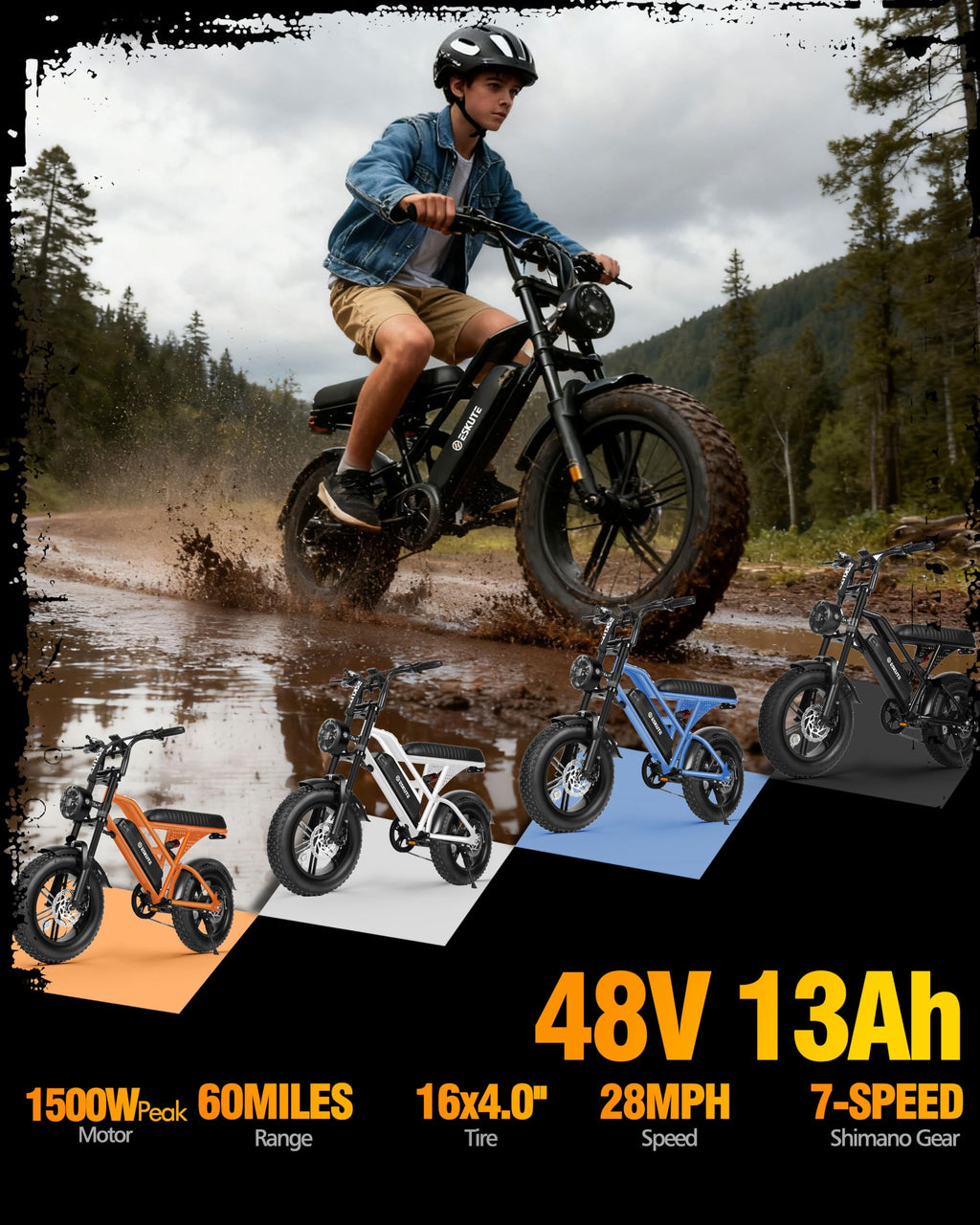 Electric Bike 1500W Peak Motor 48V 13Ah Battery 16"x4.0" Fat Tire Blue T337