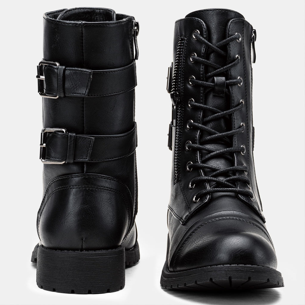 Women's Lace Up Mid Calf Combat Boots with Pocket N932
