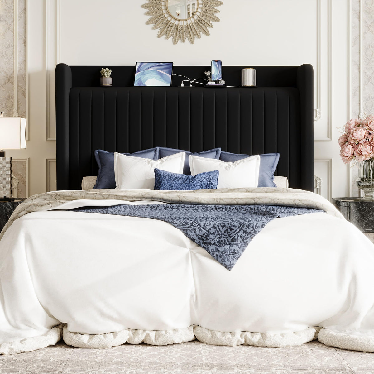 Queen Size Black Velvet Bed Frame with Shelf J7333