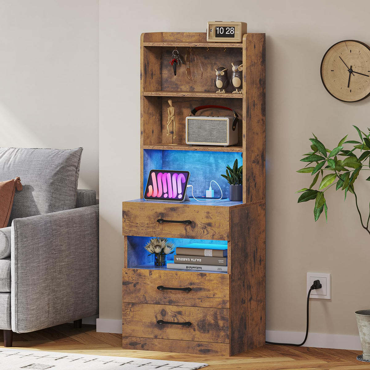 Rustic Brown Nightstand with Charging Station and LED Lights T9309