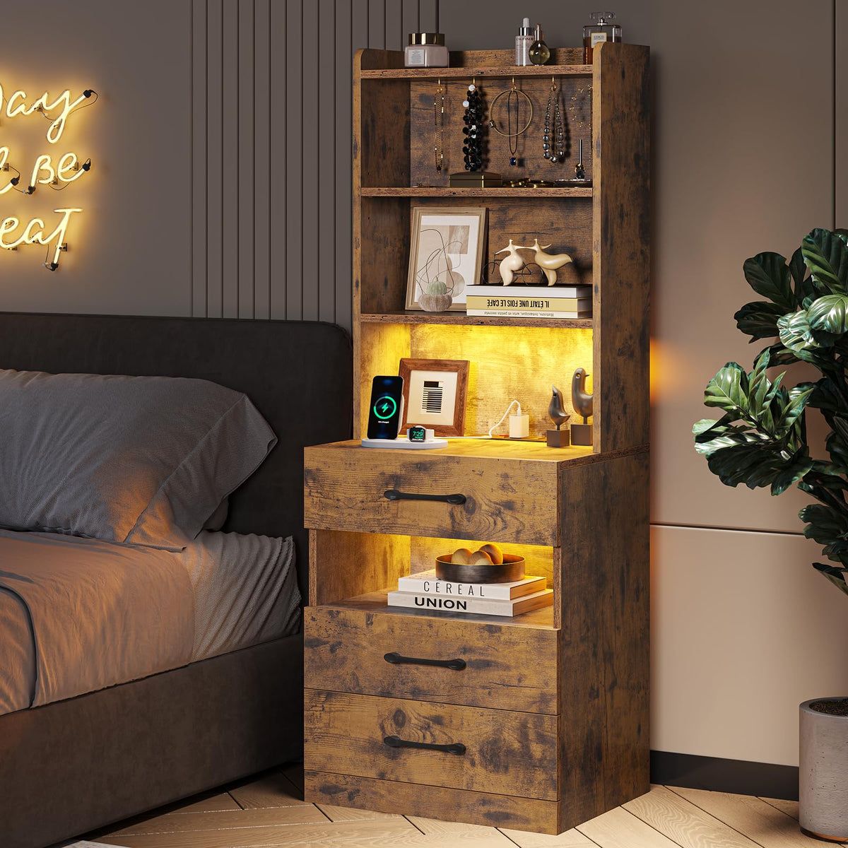 Rustic Brown Nightstand with Charging Station and LED Lights T9309