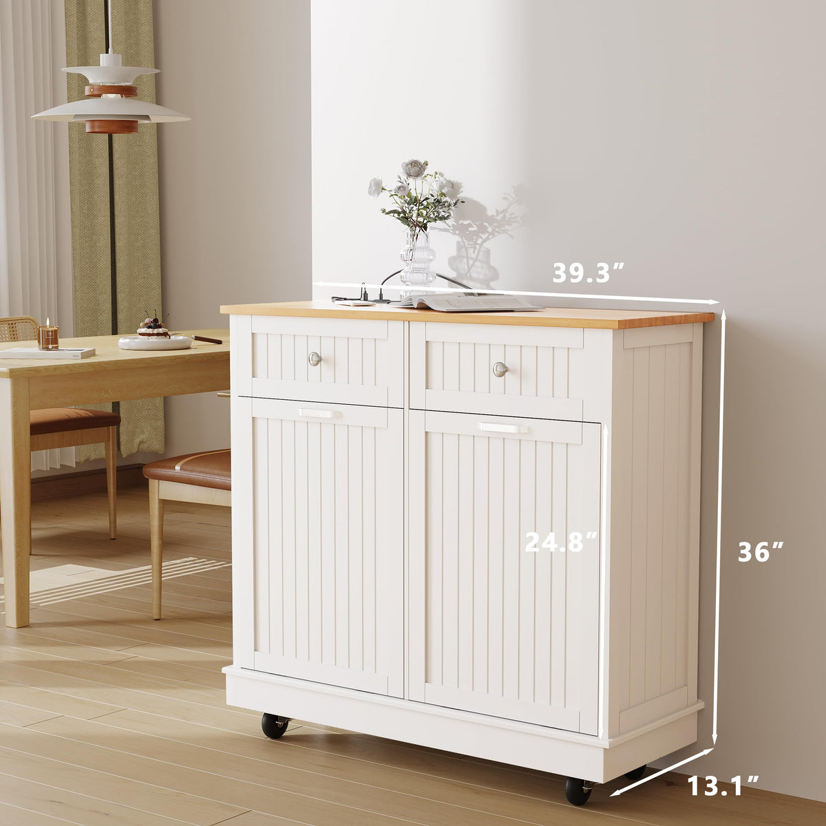 20 Gallon Wooden Tilt-Out Trash Can Cabinet with 2 Drawers, White Y47988