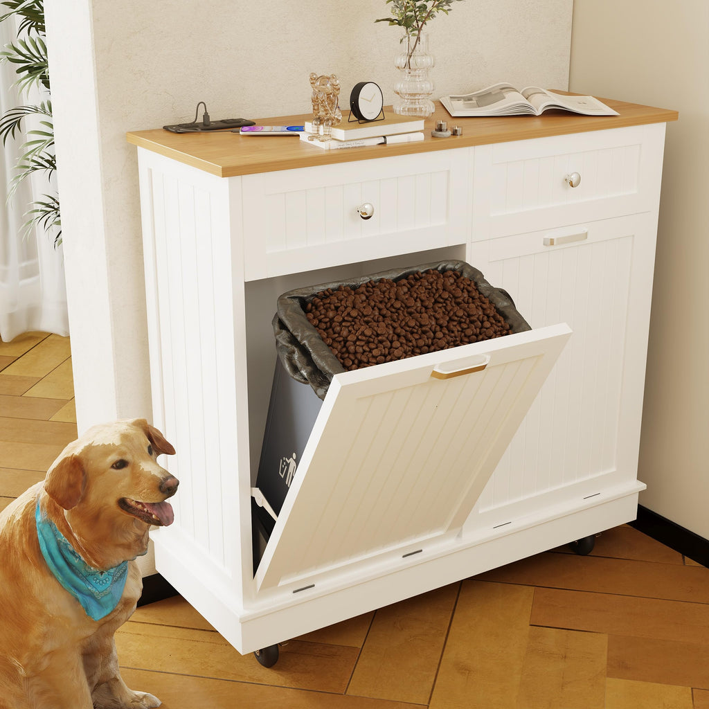 20 Gallon Wooden Tilt-Out Trash Can Cabinet with 2 Drawers, White Y47988
