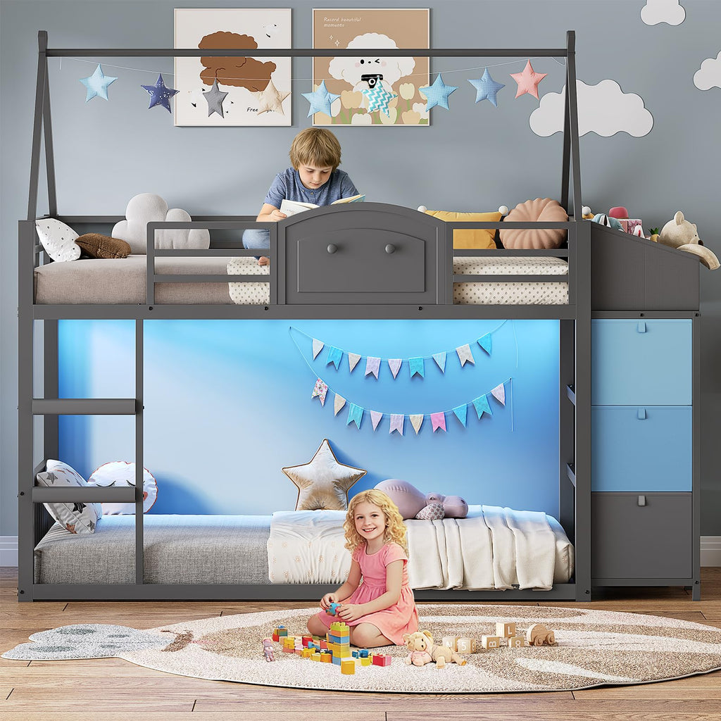 Twin Over Twin Bunk Bed with 3 Storage Drawers and Stairs D4813