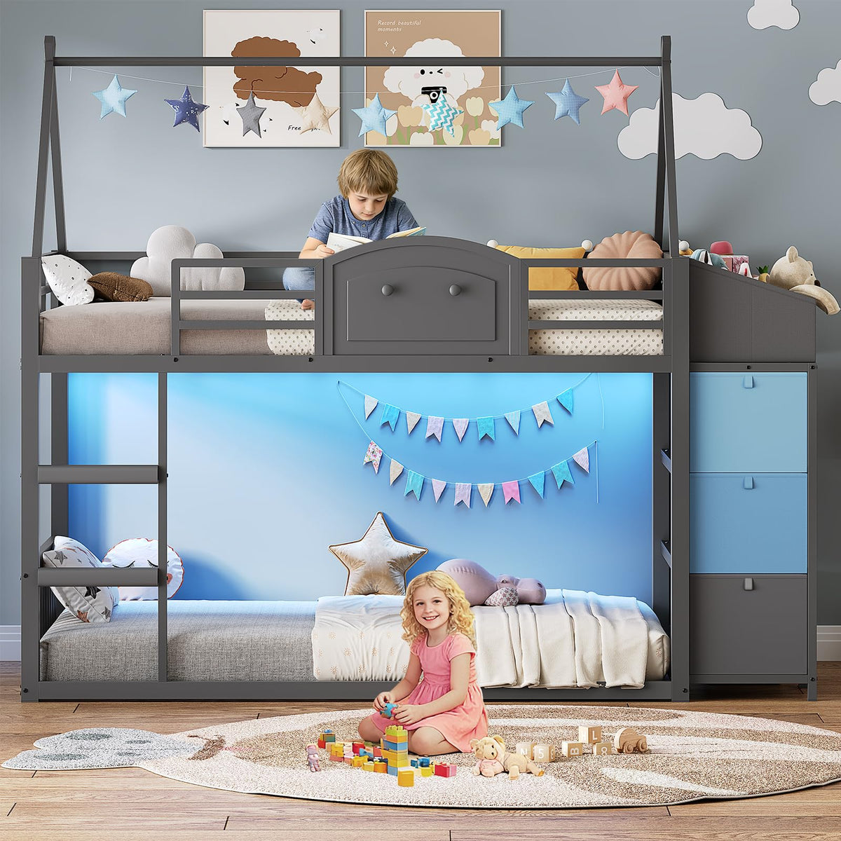 Twin Over Twin Bunk Bed with 3 Storage Drawers and Stairs D4813