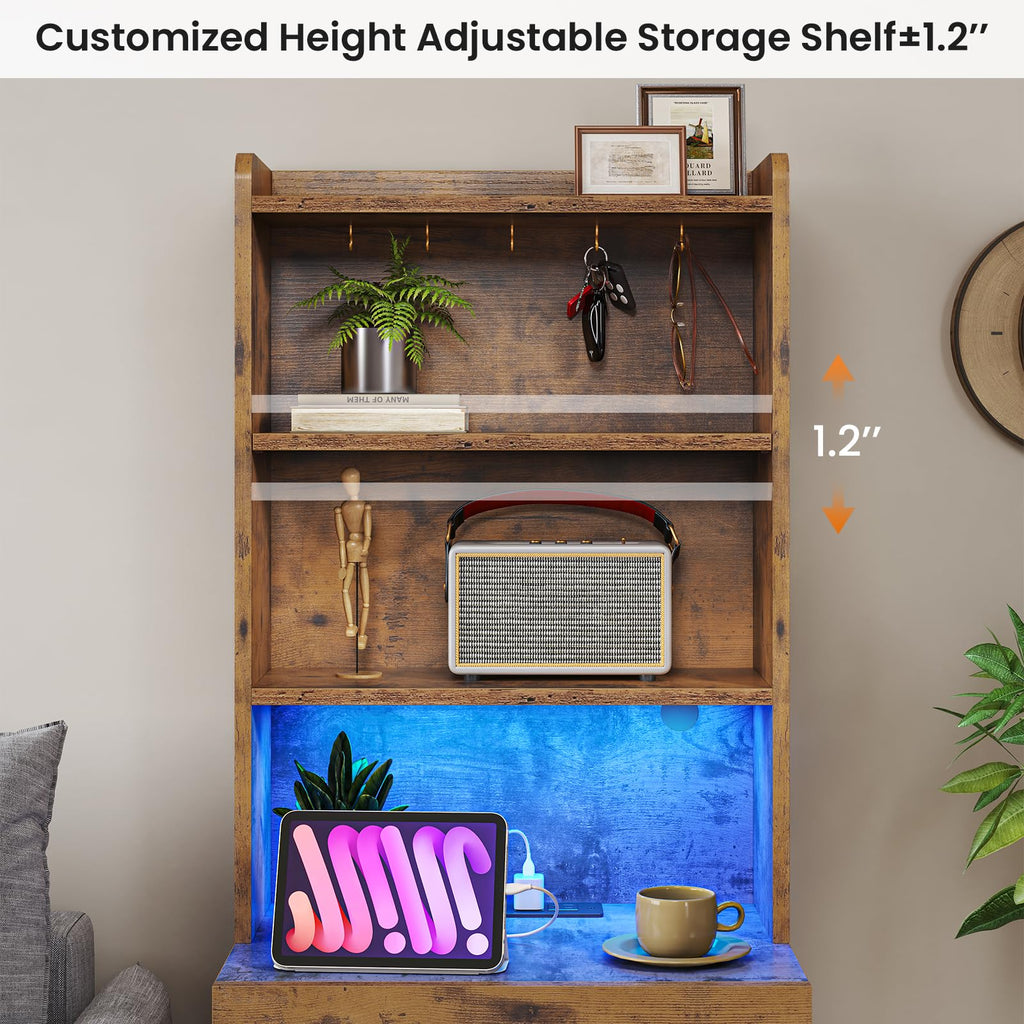 Rustic Brown Nightstand with Charging Station and LED Lights T9309