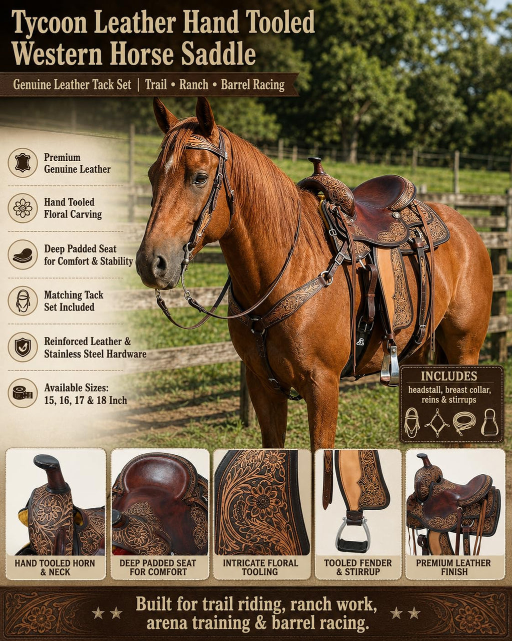 Hand Tooled Genuine Leather Western Horse Saddle with Tack Set 15-18 Inch G946139