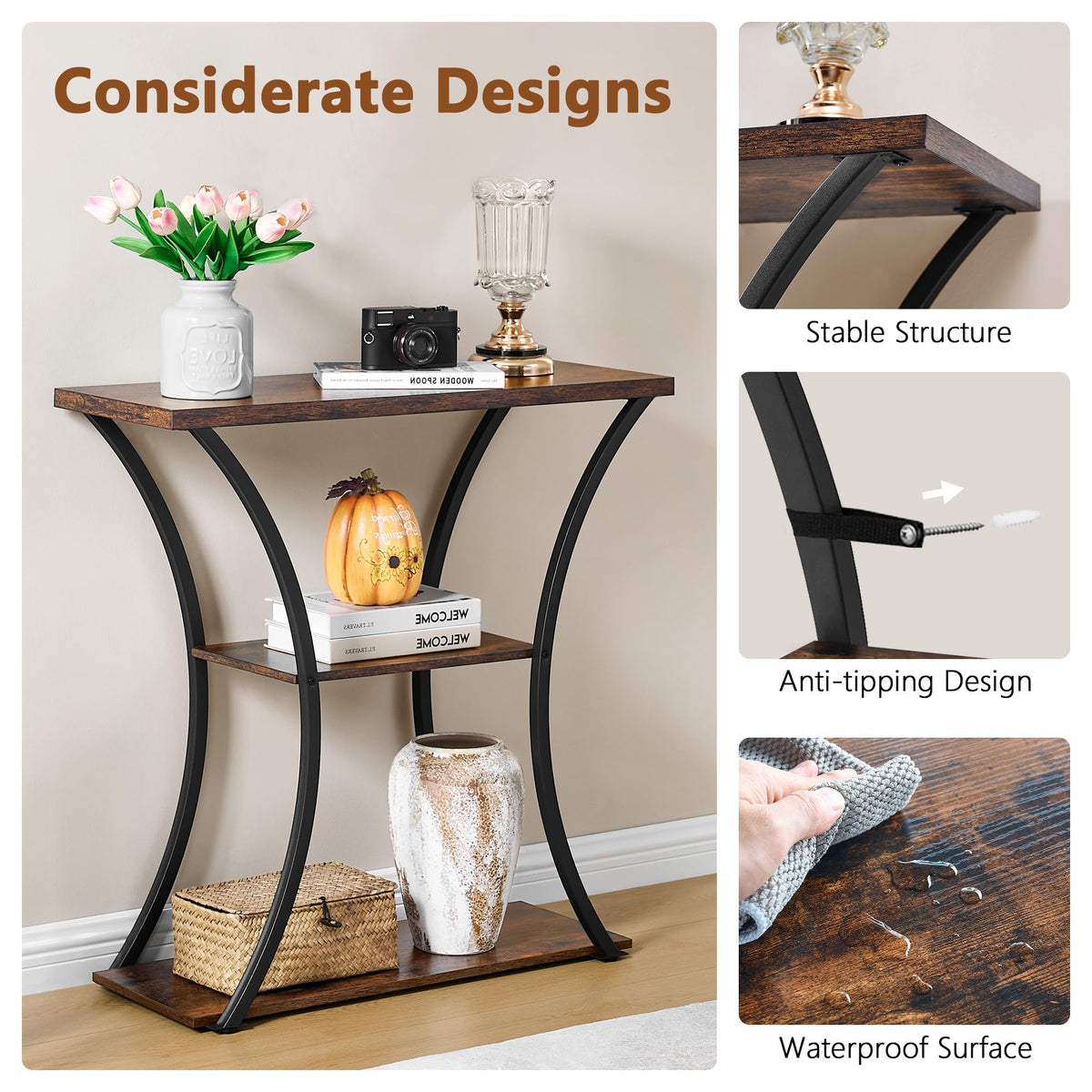 3 Tier Console Table with Open Wood Shelves X49444