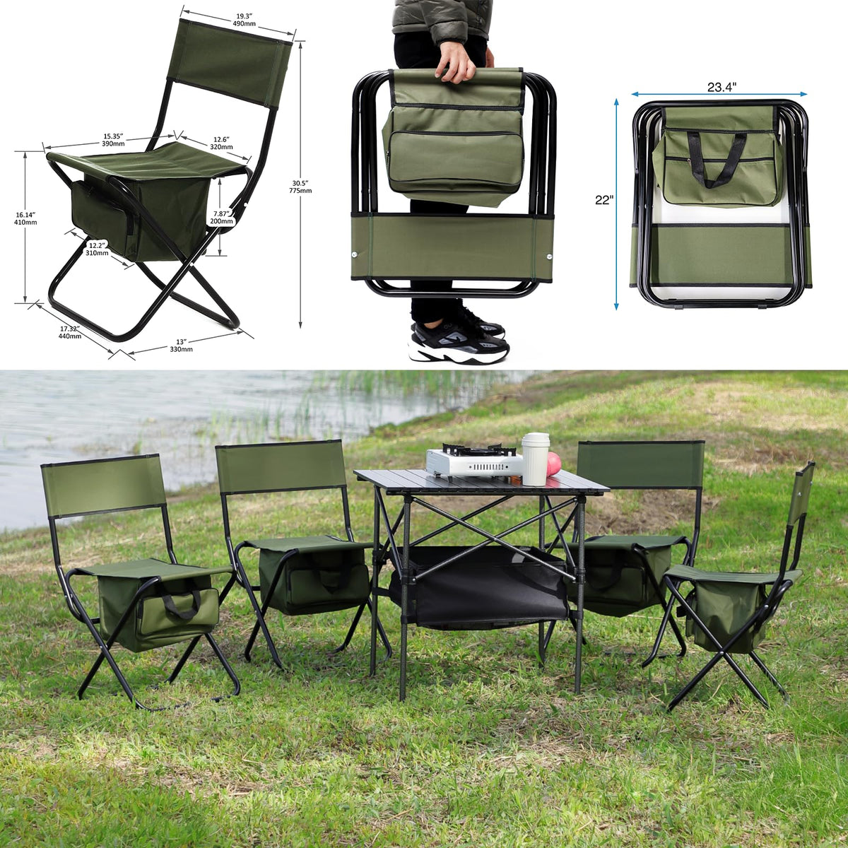 Folding Camping Chair with Storage Bag, 2 Pack, Green U2003