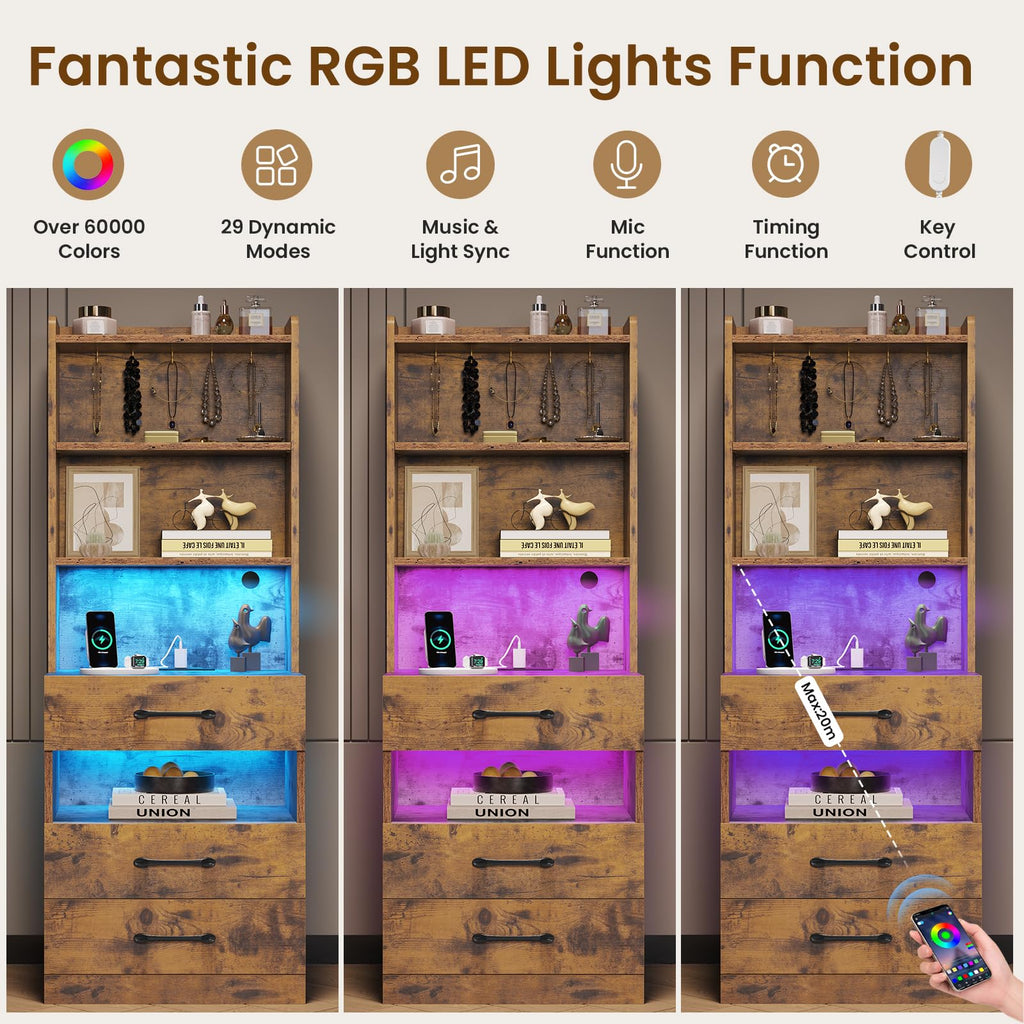 Rustic Brown Nightstand with Charging Station and LED Lights T9309