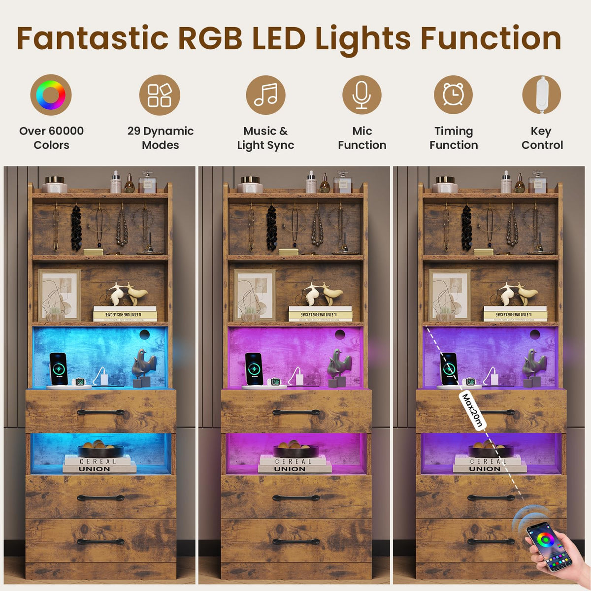 Rustic Brown Nightstand with Charging Station and LED Lights T9309