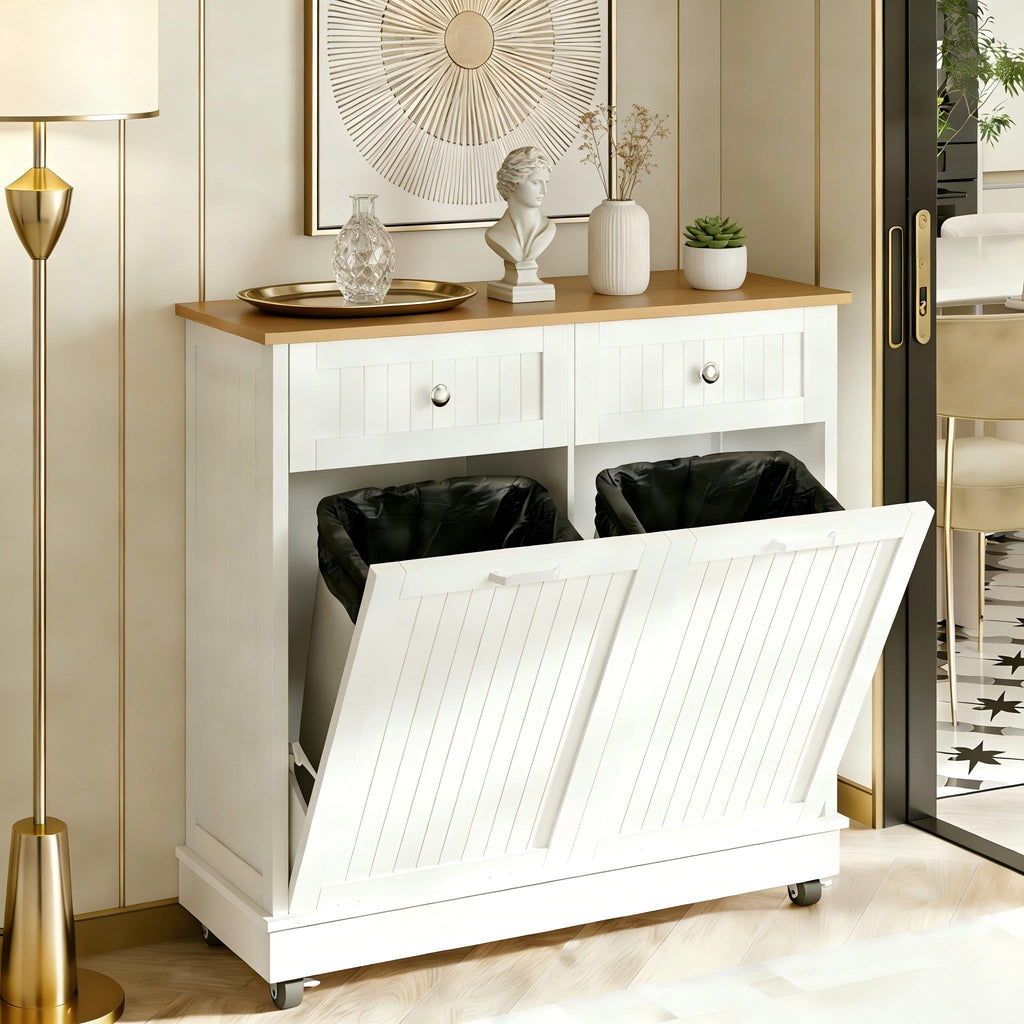 20 Gallon Wooden Tilt-Out Trash Can Cabinet with 2 Drawers, White Y47988