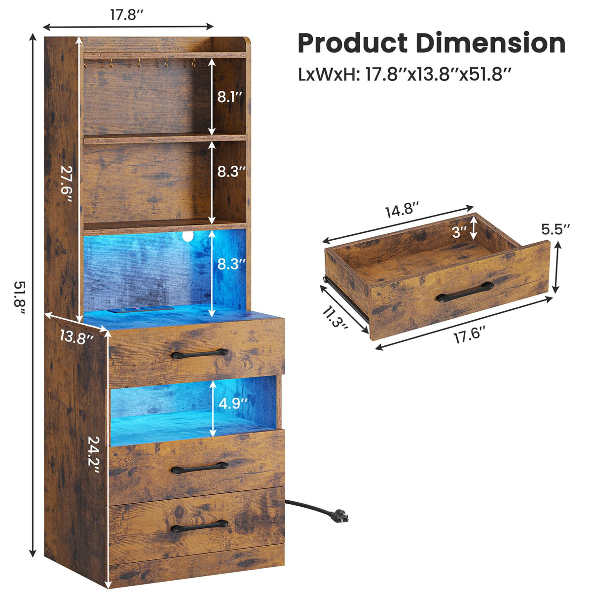 Rustic Brown Nightstand with Charging Station and LED Lights T9309