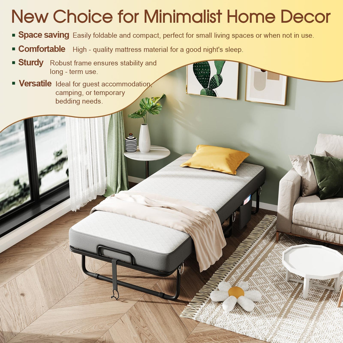 Folding Bed with Mattress, Memory Mattress Metal Frame Single Bed D322