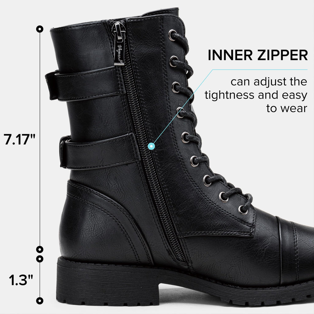 Women's Lace Up Mid Calf Combat Boots with Pocket N932