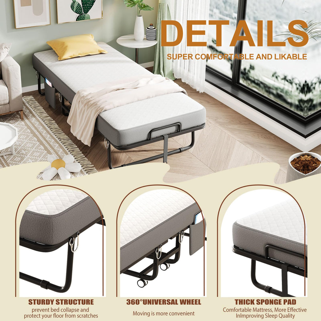 Folding Bed with Mattress, Memory Mattress Metal Frame Single Bed D322