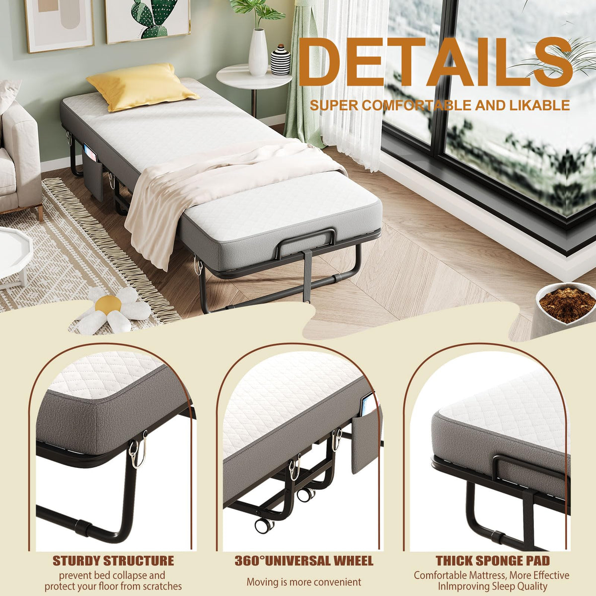 Folding Bed with Mattress, Memory Mattress Metal Frame Single Bed D322