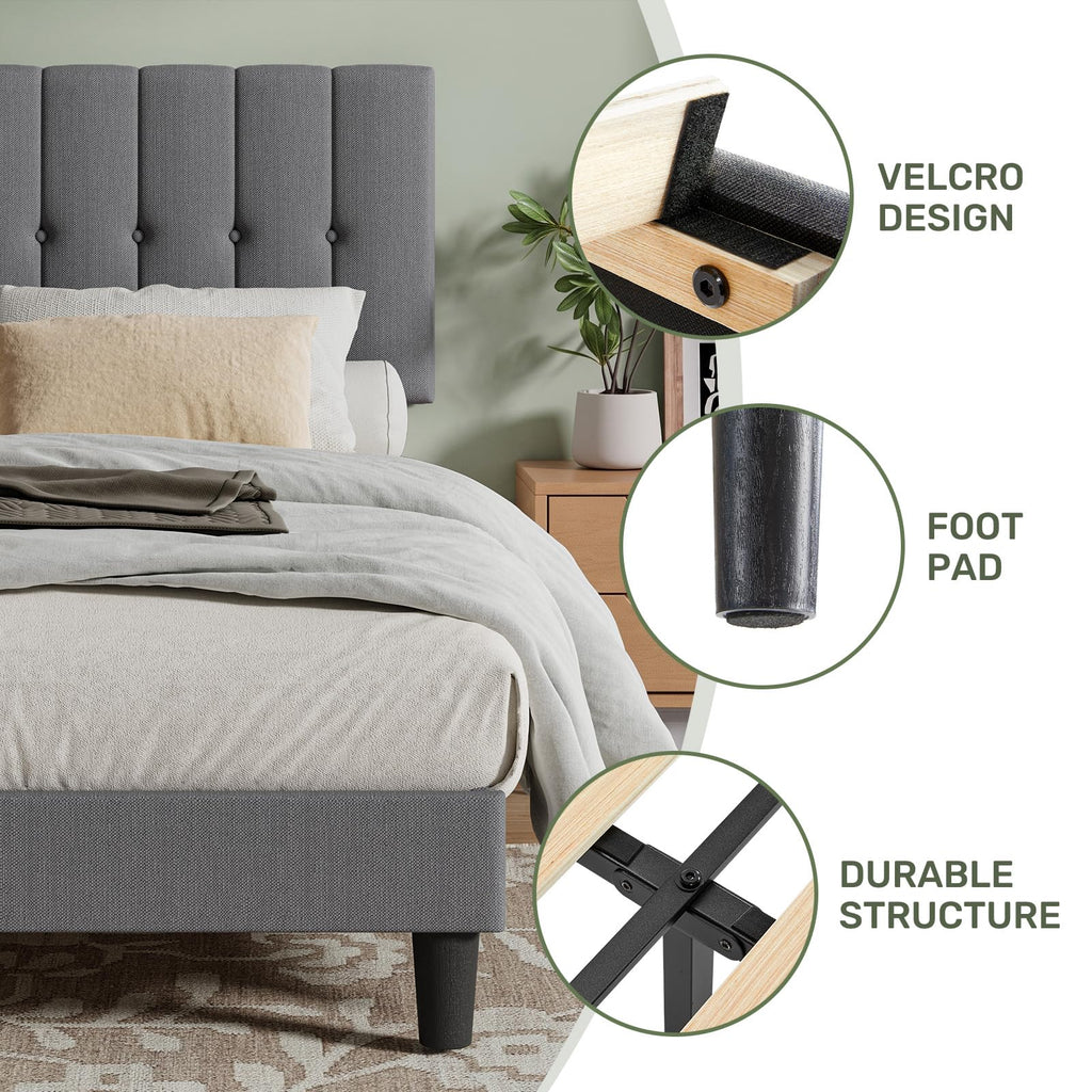 Twin Upholstered Platform Bed Frame with Headboard, Grey U311