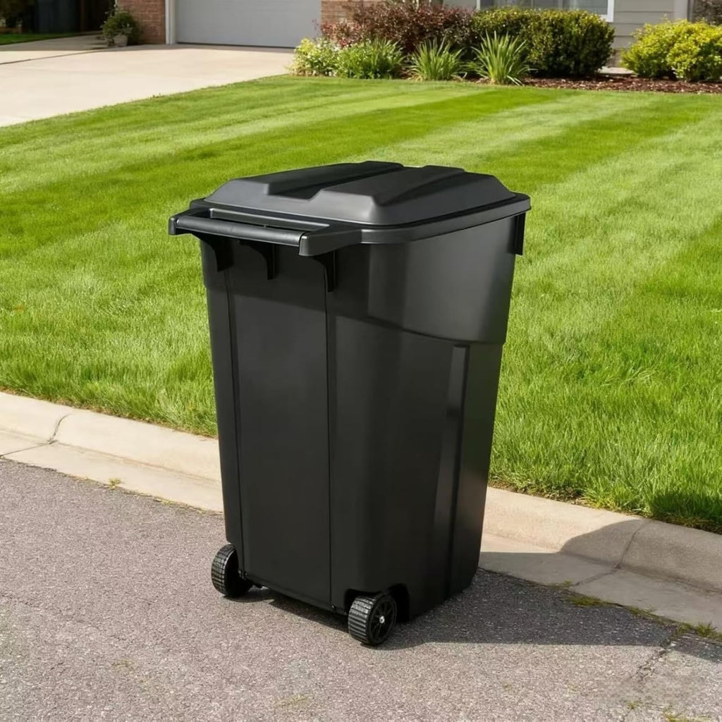 Black 45 Gallon Wheeled Heavy Duty Plastic Trash Can with Lid N3473