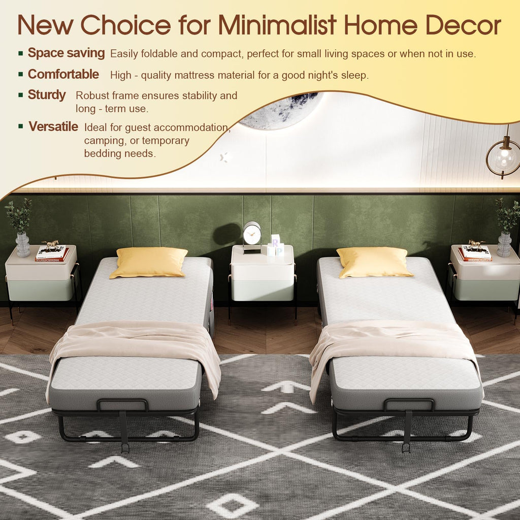 Folding Bed with Mattress, Memory Mattress Metal Frame Single Bed D322