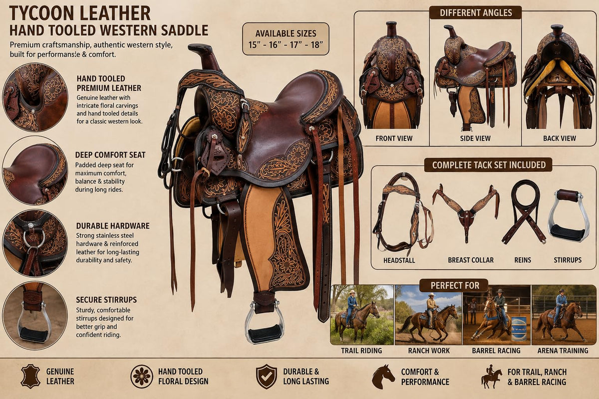 Hand Tooled Genuine Leather Western Horse Saddle with Tack Set 15-18 Inch G946139