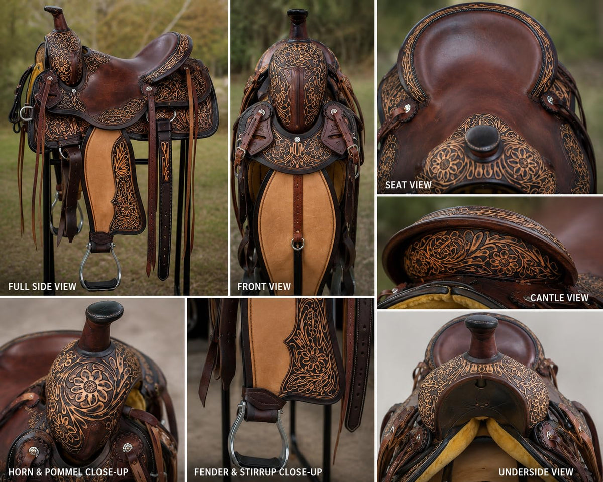 Hand Tooled Genuine Leather Western Horse Saddle with Tack Set 15-18 Inch G946139