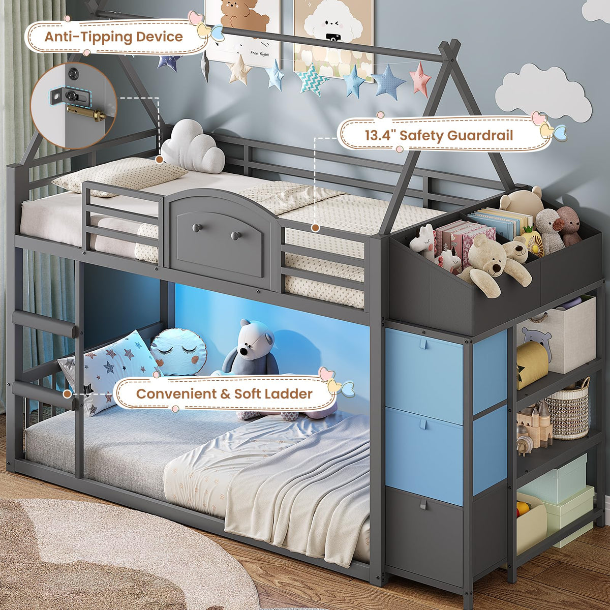 Twin Over Twin Bunk Bed with 3 Storage Drawers and Stairs D4813