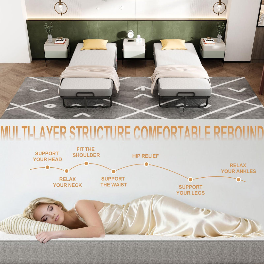 Folding Bed with Mattress, Memory Mattress Metal Frame Single Bed D322