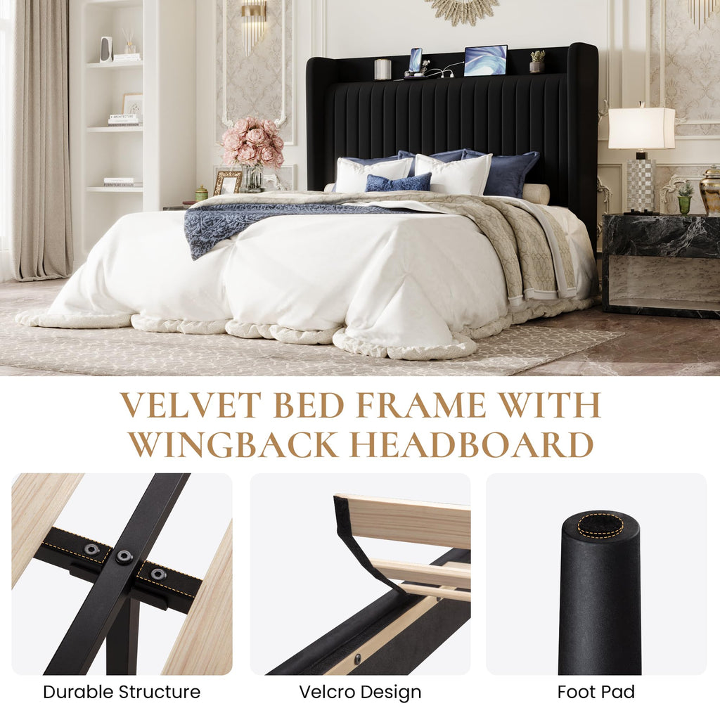 Queen Size Black Velvet Bed Frame with Shelf J7333