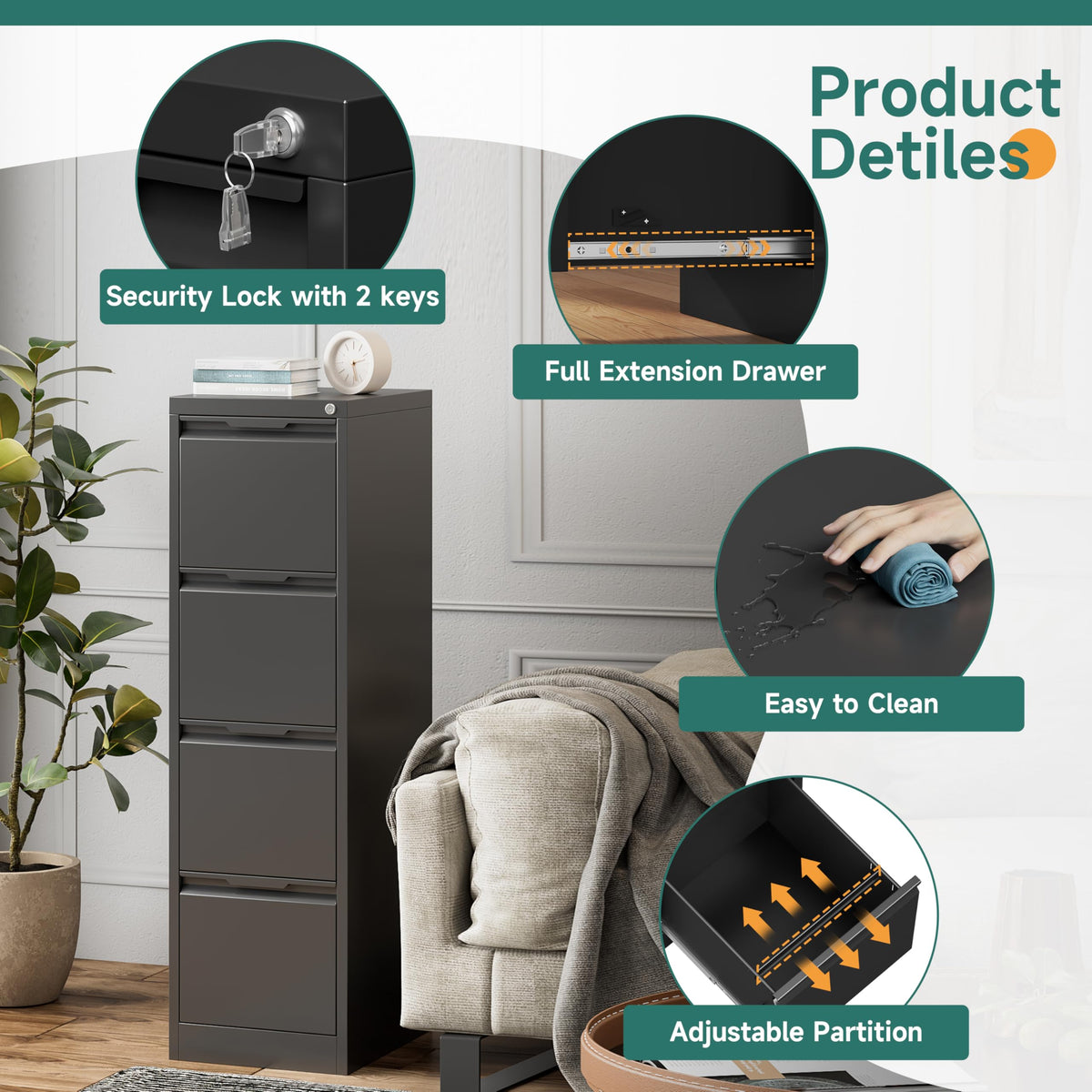 4 Drawer Metal File Cabinet with Lock O8685