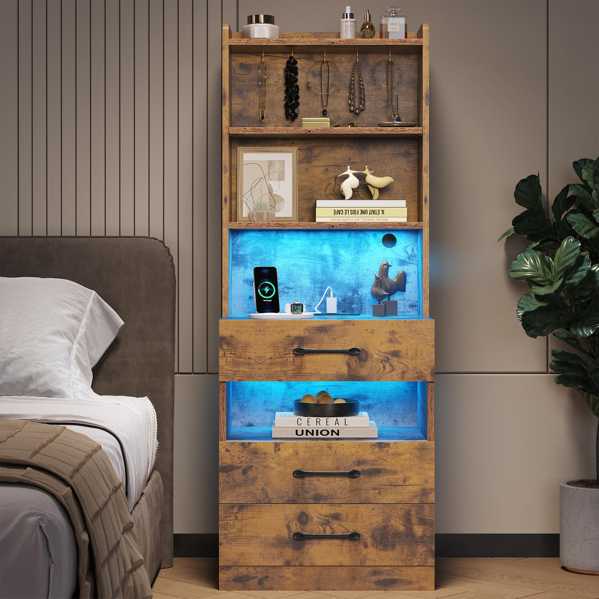 Rustic Brown Nightstand with Charging Station and LED Lights T9309