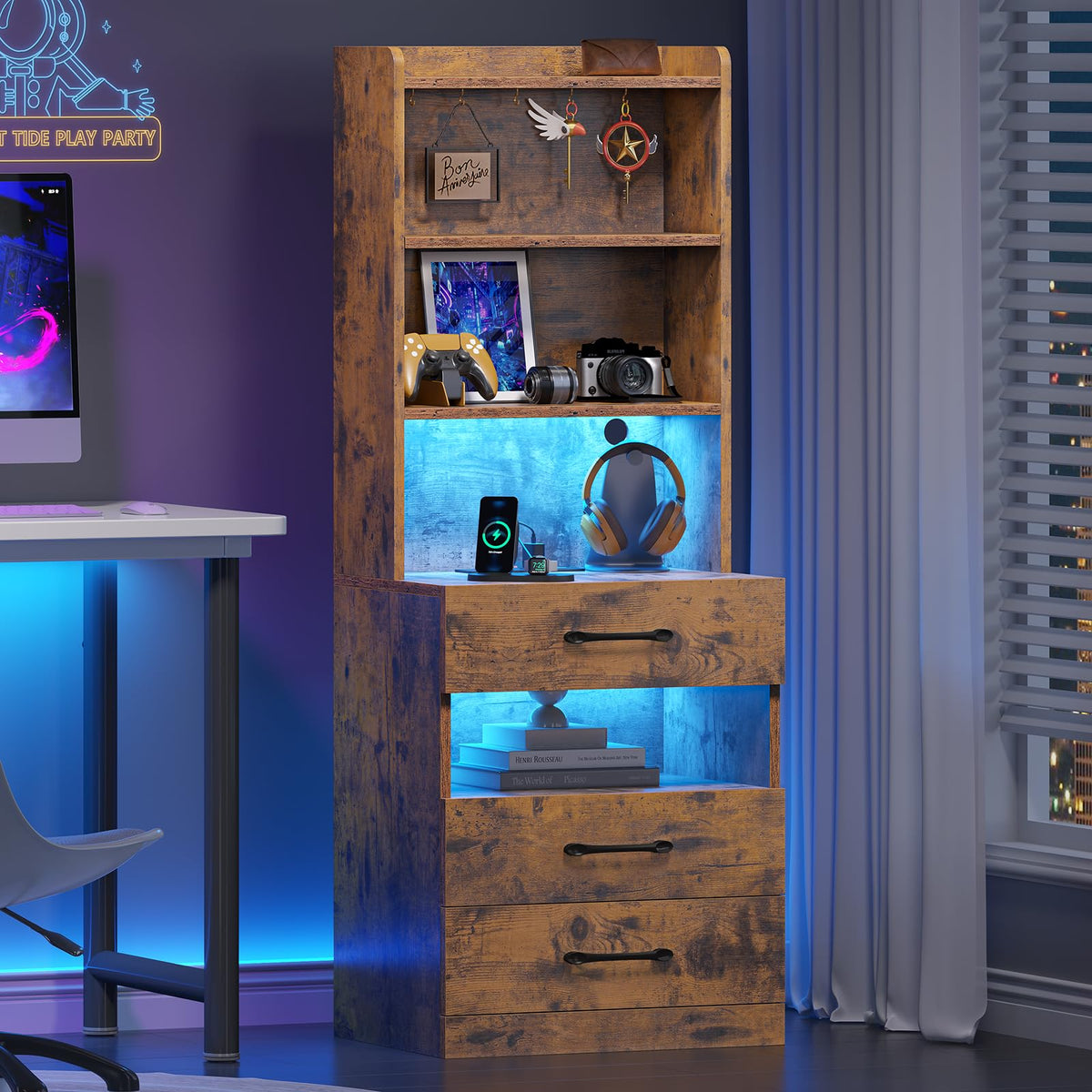 Rustic Brown Nightstand with Charging Station and LED Lights T9309