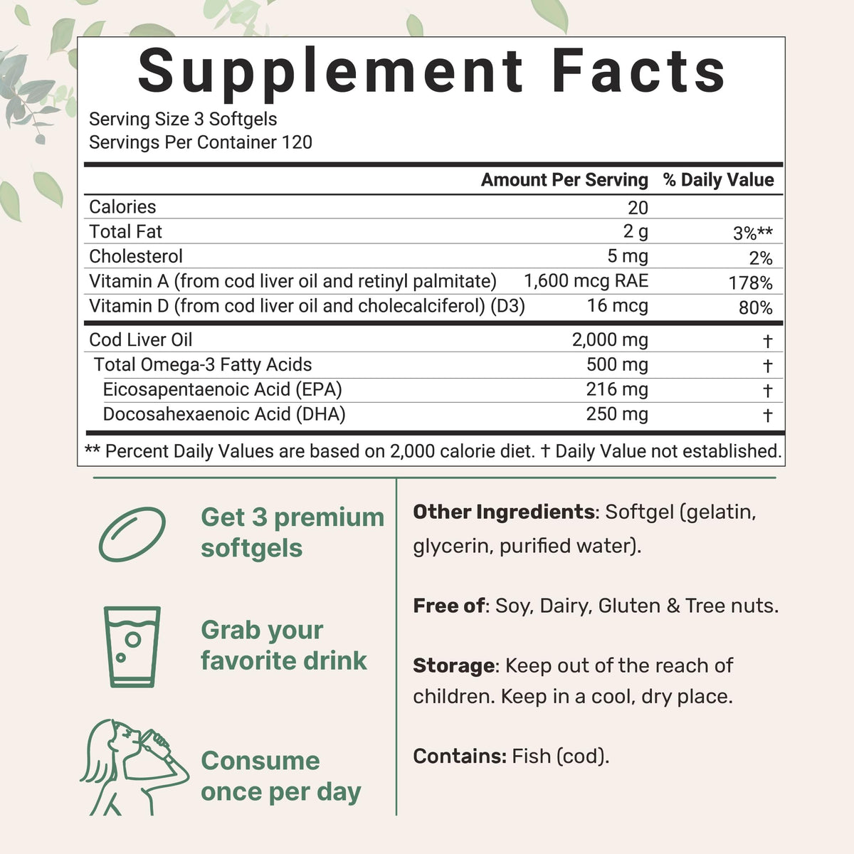 Omega 3 Fish Oil 4200mg & Cod Liver Oil 2000mg 360 Softgels Lemon Flavored S9640