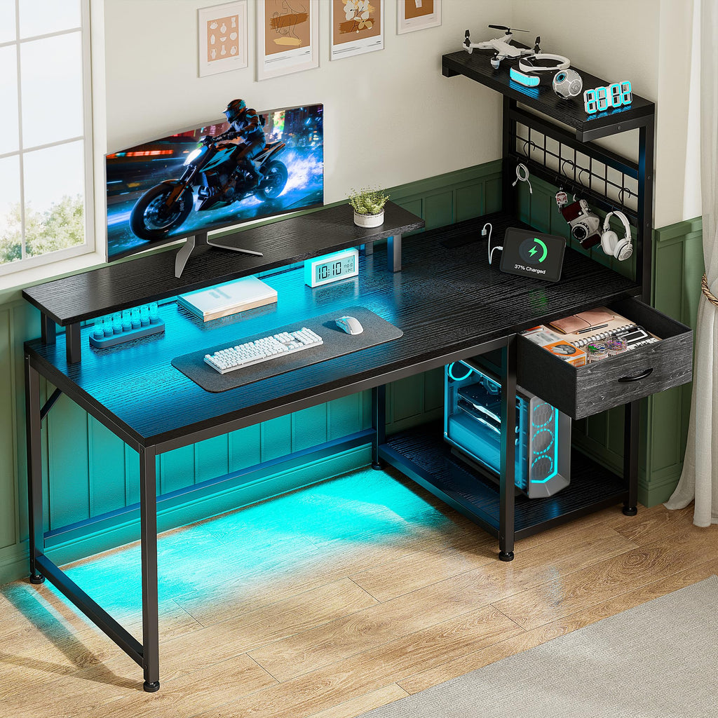40" Gaming Desk with LED Lights & Power Outlets, Black D1532