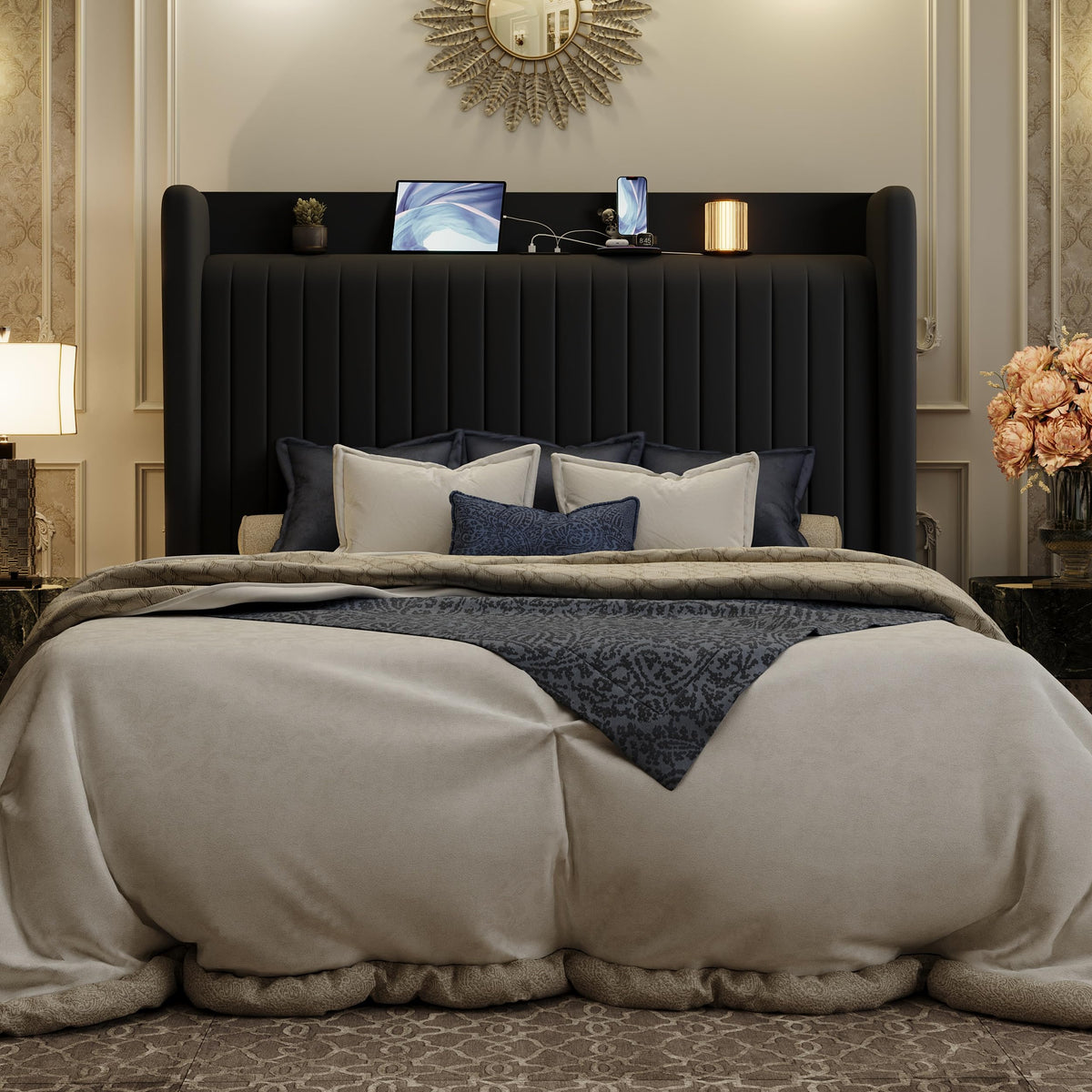 Queen Size Black Velvet Bed Frame with Shelf J7333