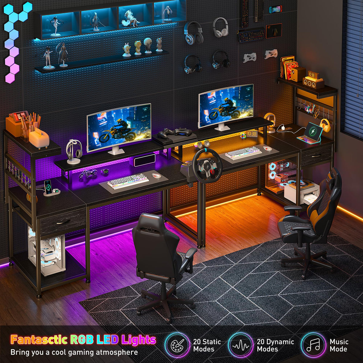 40" Gaming Desk with LED Lights & Power Outlets, Black D1532