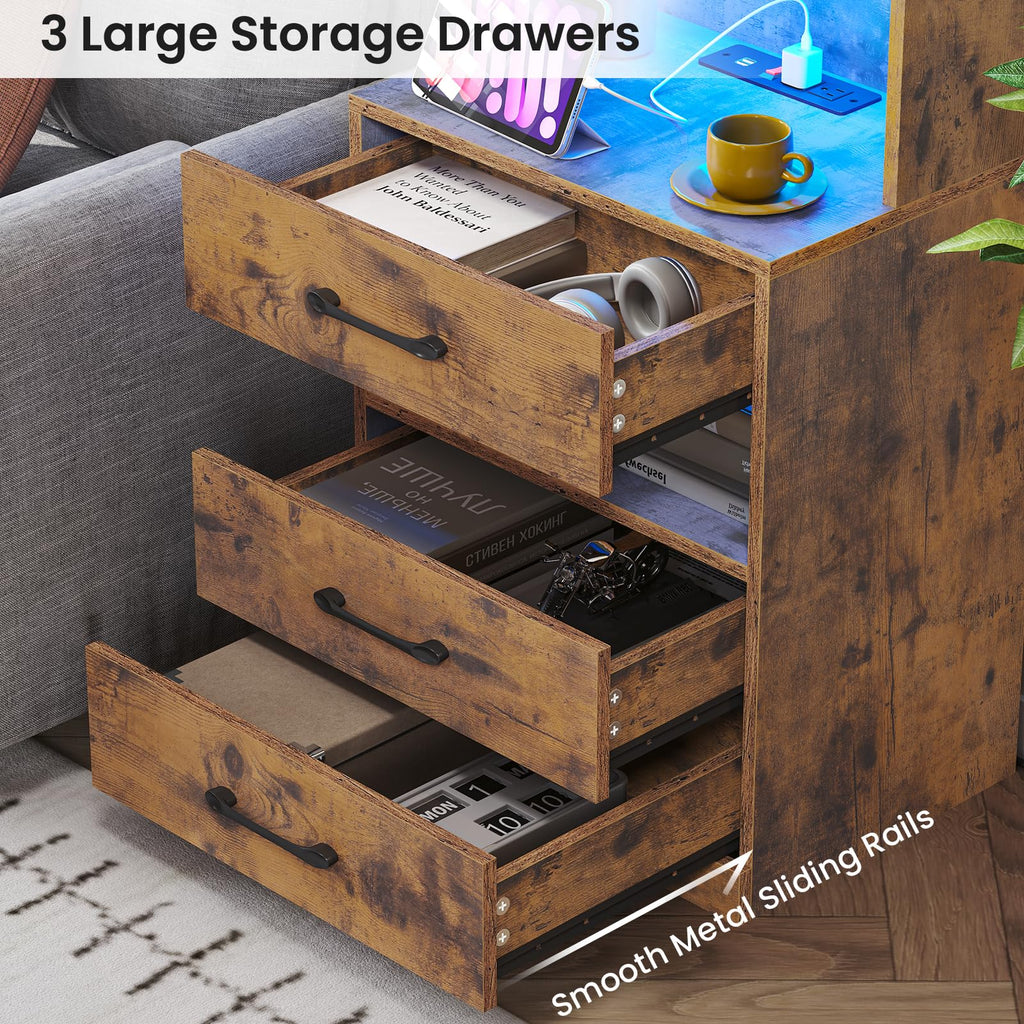 Rustic Brown Nightstand with Charging Station and LED Lights T9309