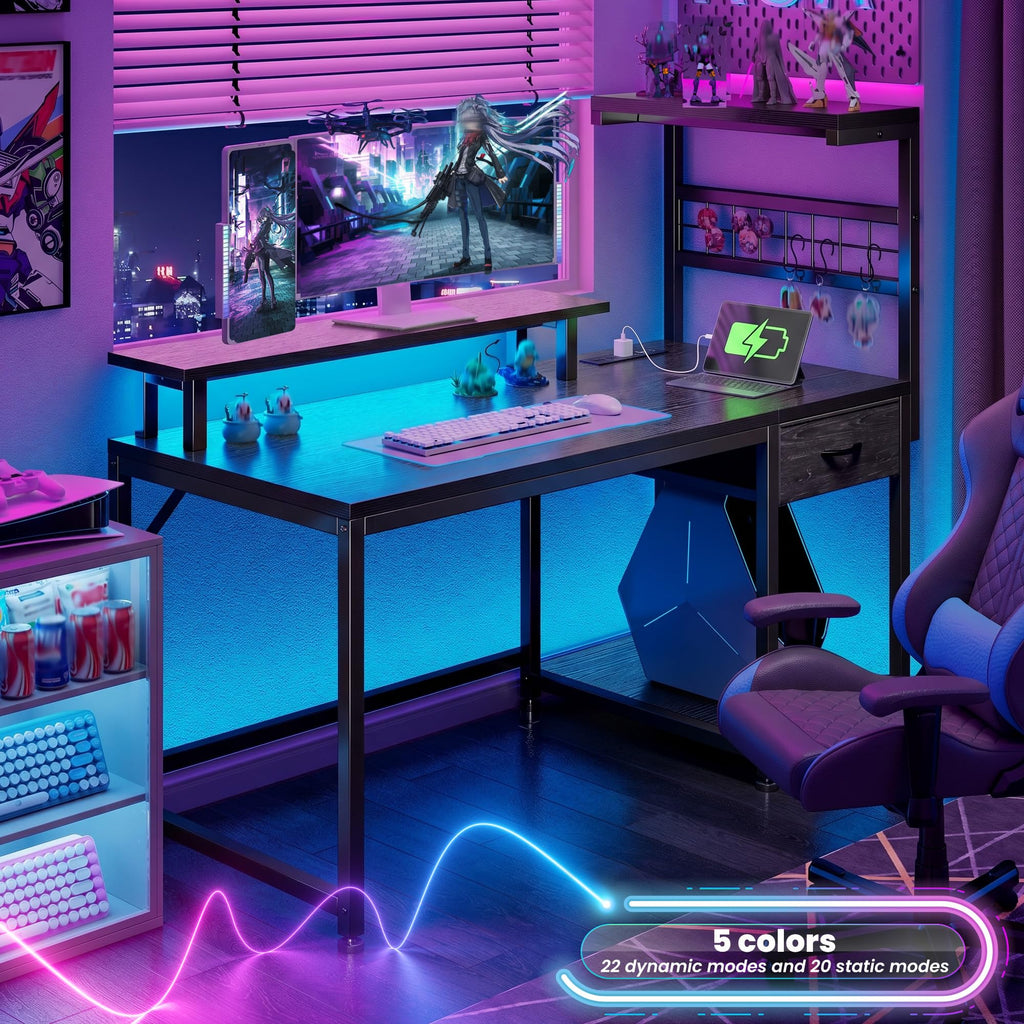 40" Gaming Desk with LED Lights & Power Outlets, Black D1532