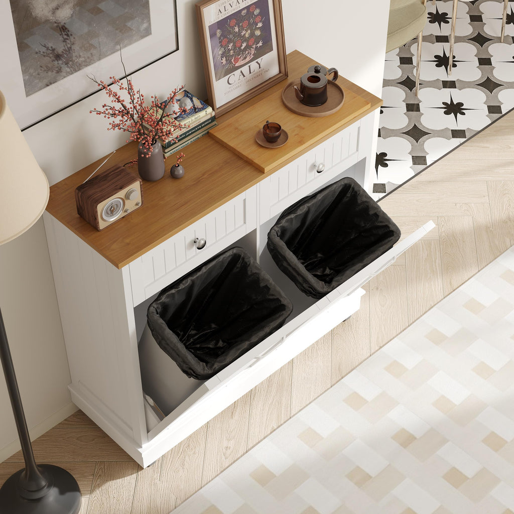 20 Gallon Wooden Tilt-Out Trash Can Cabinet with 2 Drawers, White Y47988