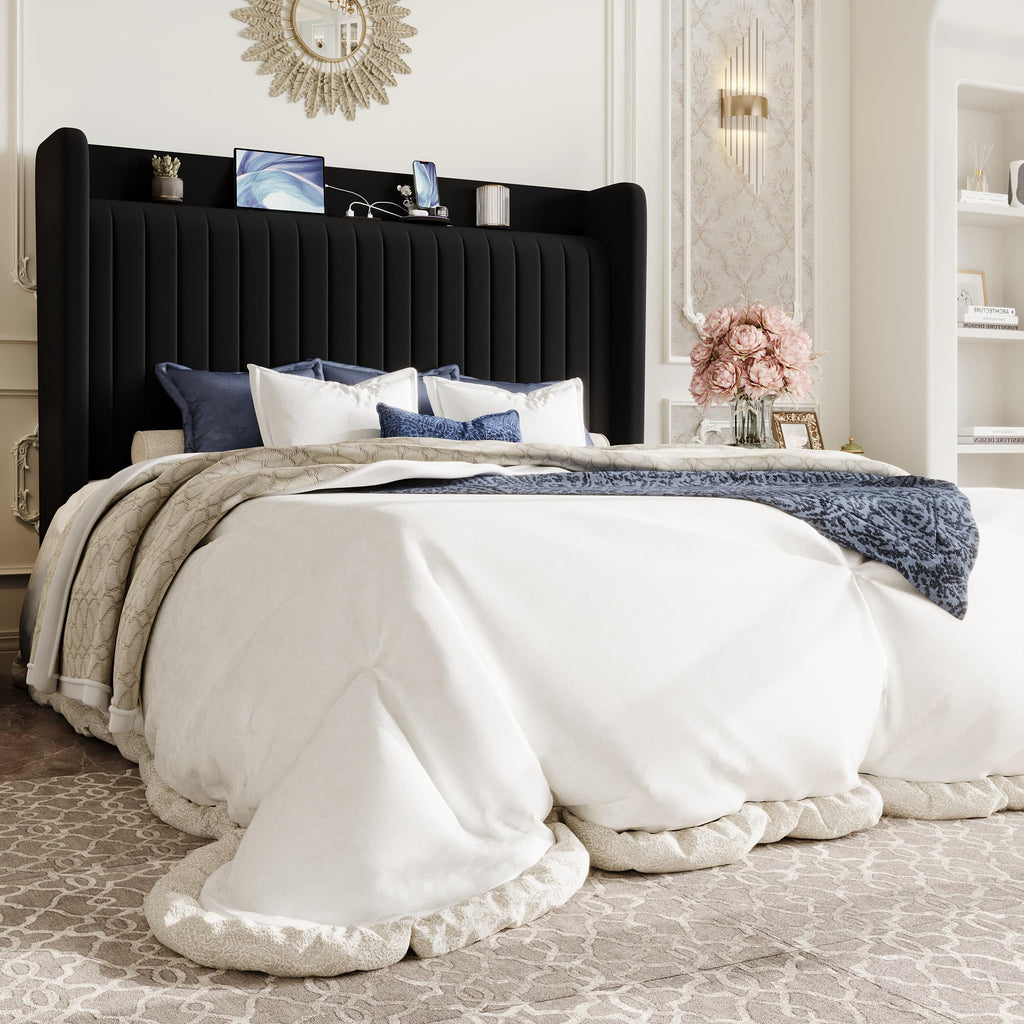Queen Size Black Velvet Bed Frame with Shelf J7333