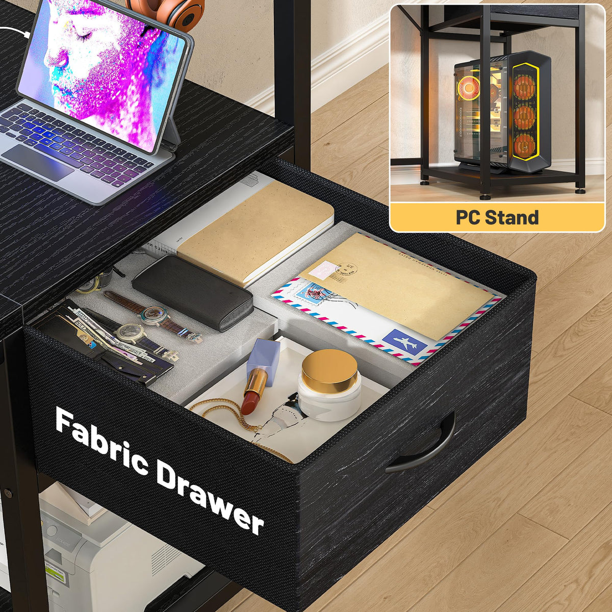 40" Gaming Desk with LED Lights & Power Outlets, Black D1532
