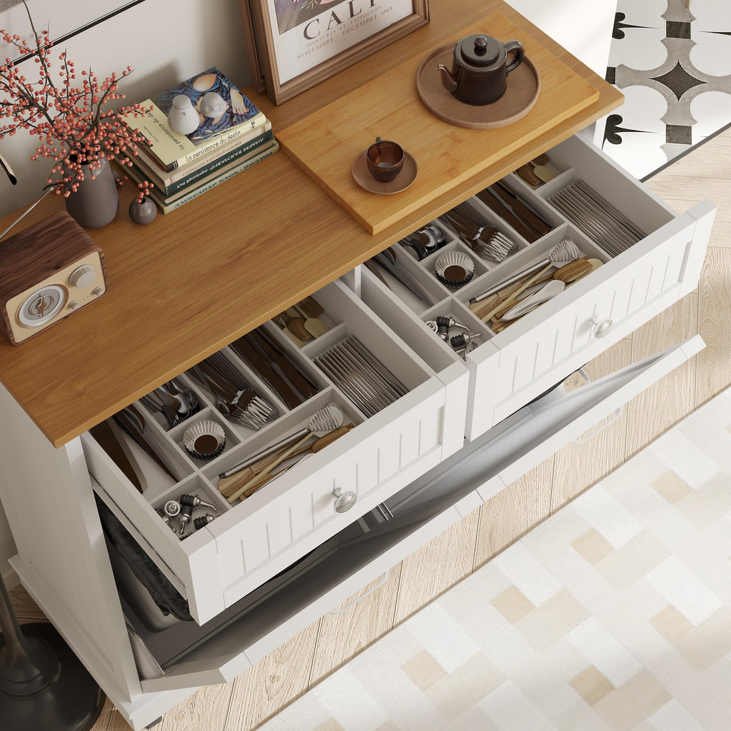 20 Gallon Wooden Tilt-Out Trash Can Cabinet with 2 Drawers, White Y47988